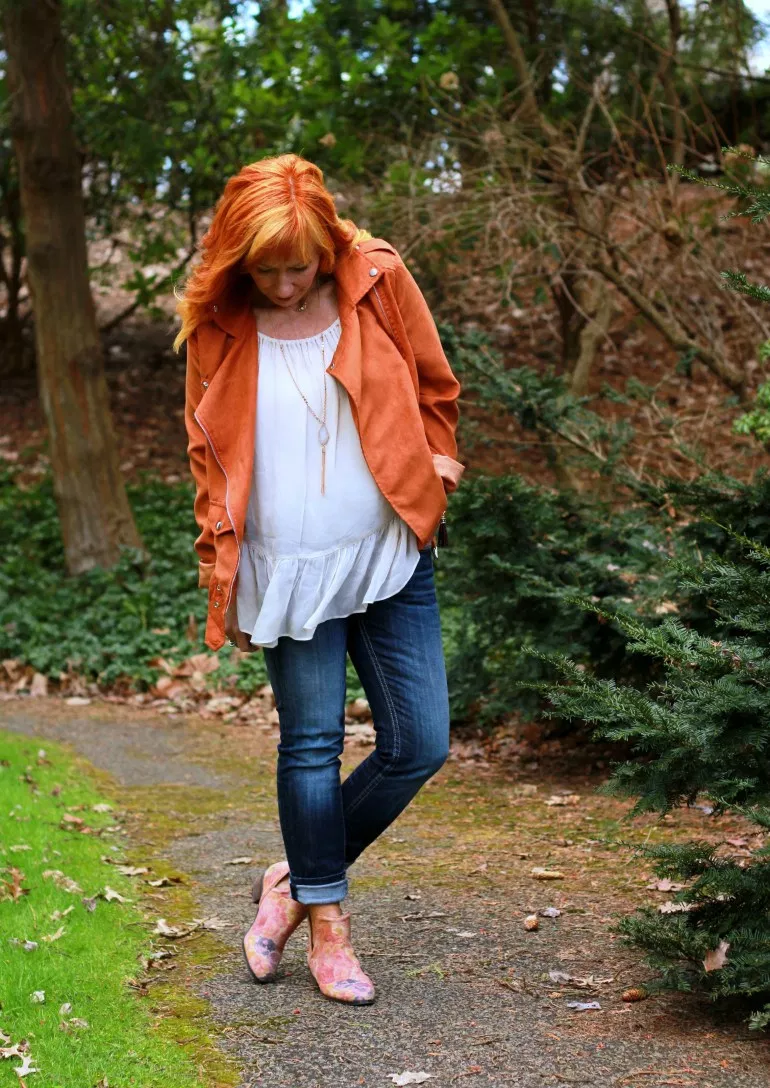sheer peasant top, moto jacket, floral print ankle boots