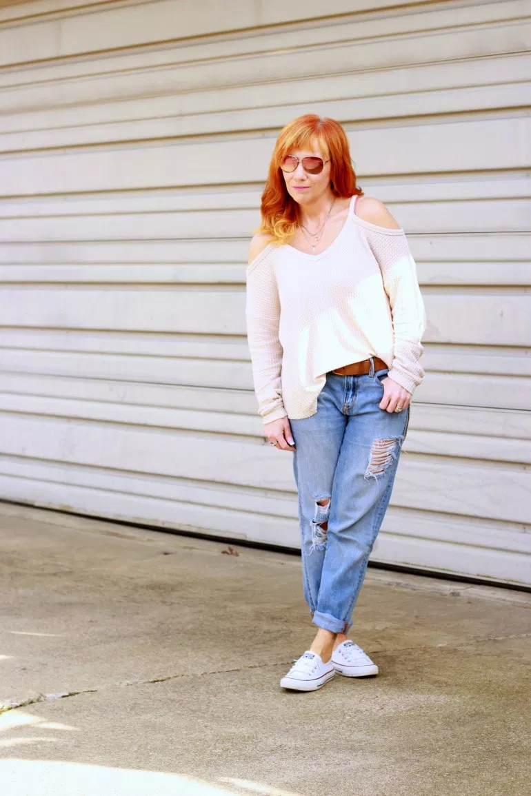 cold shoulder sweater, distressed boyfriend jeans, Converse