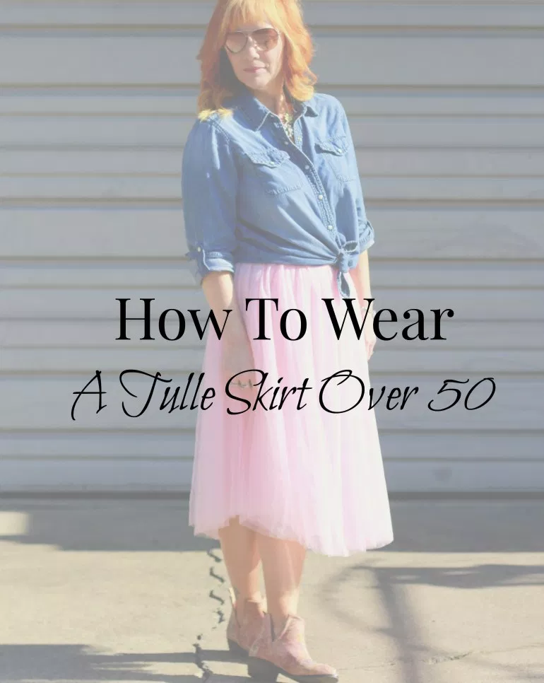 pink tulle skirt, floral print ankle boots, chambray shirt