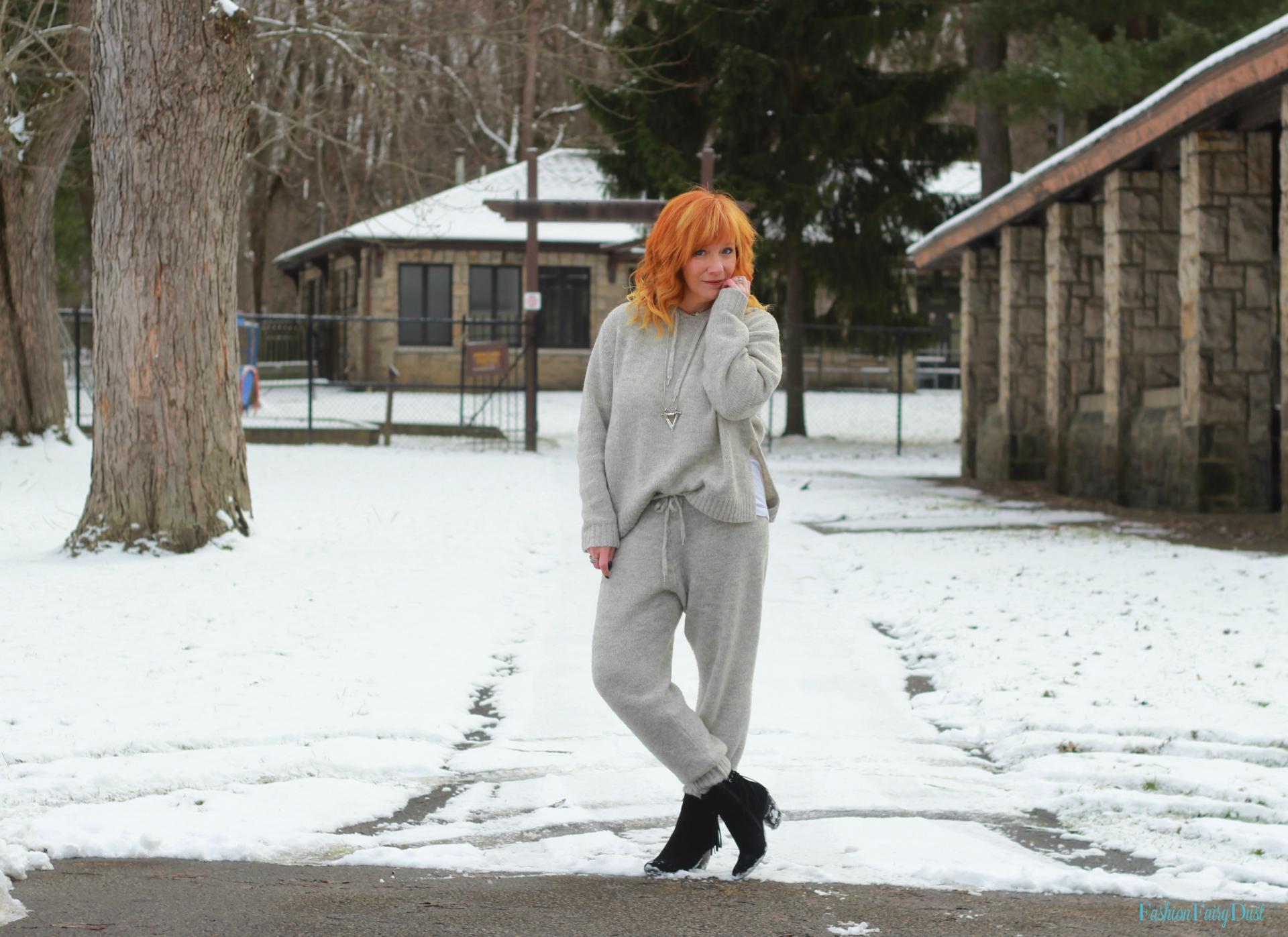 Alpaca joggers, alpaca hooded sweater and ankle boots. A new twist on sweats.