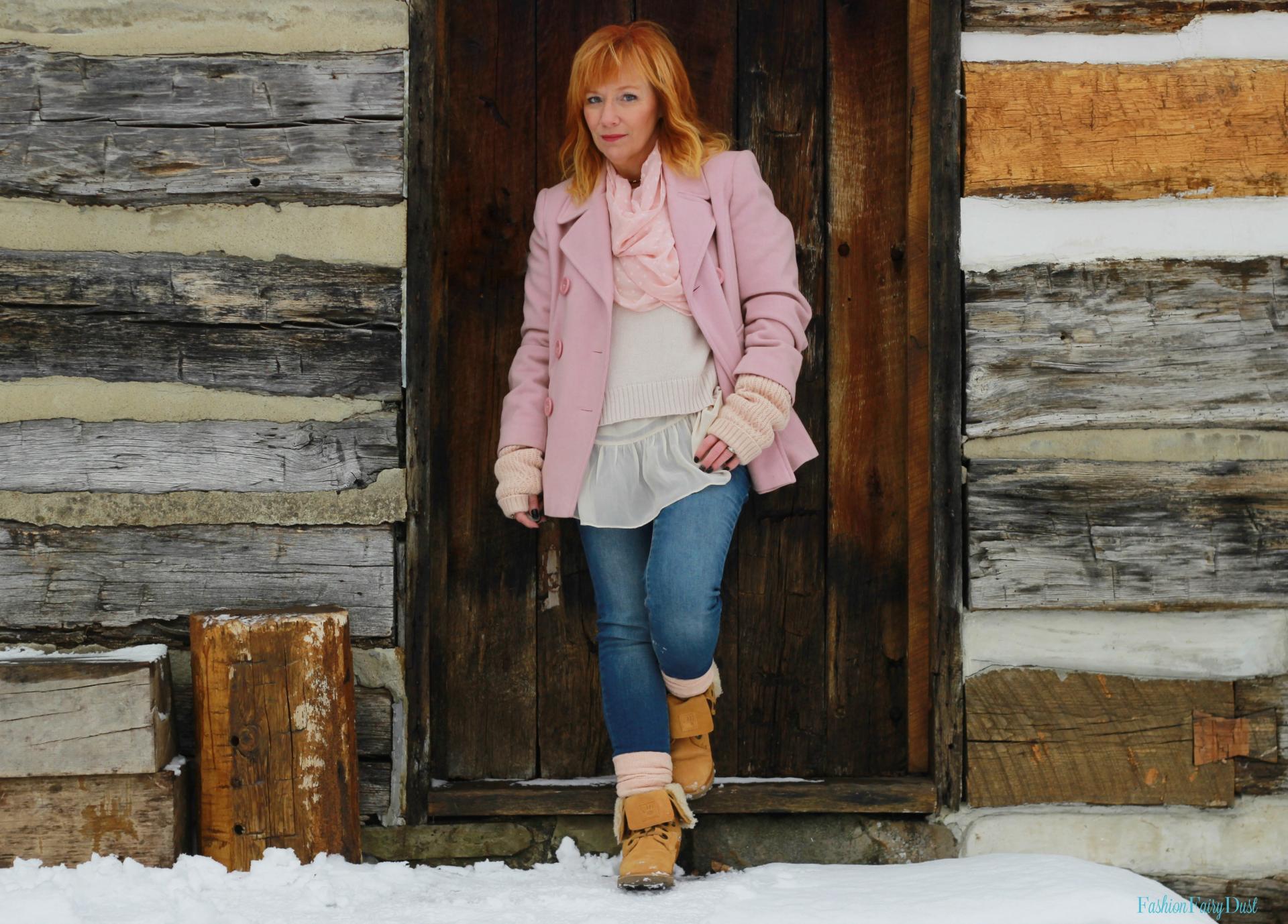 Pink coat, lace up Bearpaw boots and skinny jeans. How to look stylish when it's cold outside.