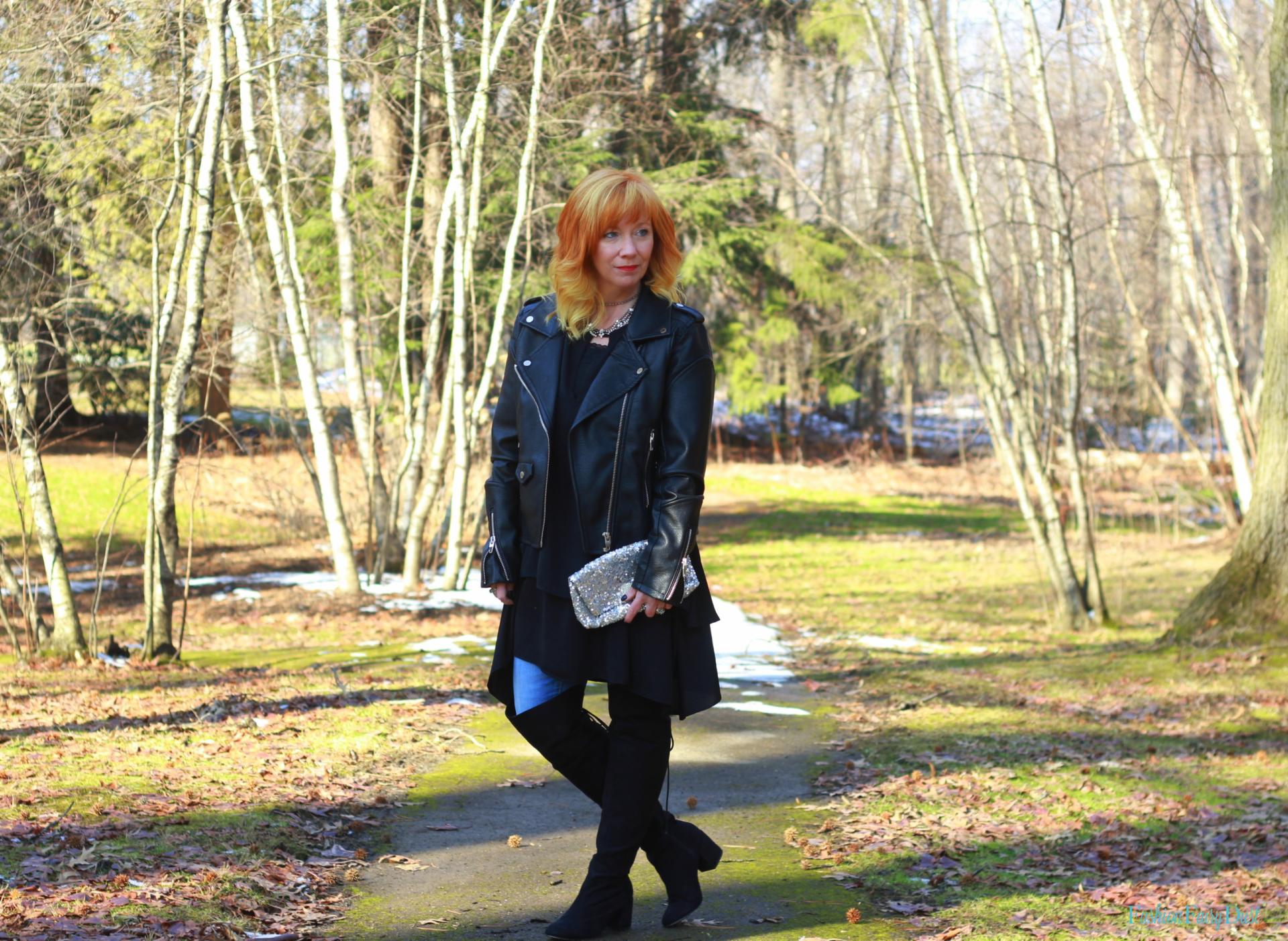 Sharkbite hem dress, moto jacket and sequin clutch. Valentine's date night look.