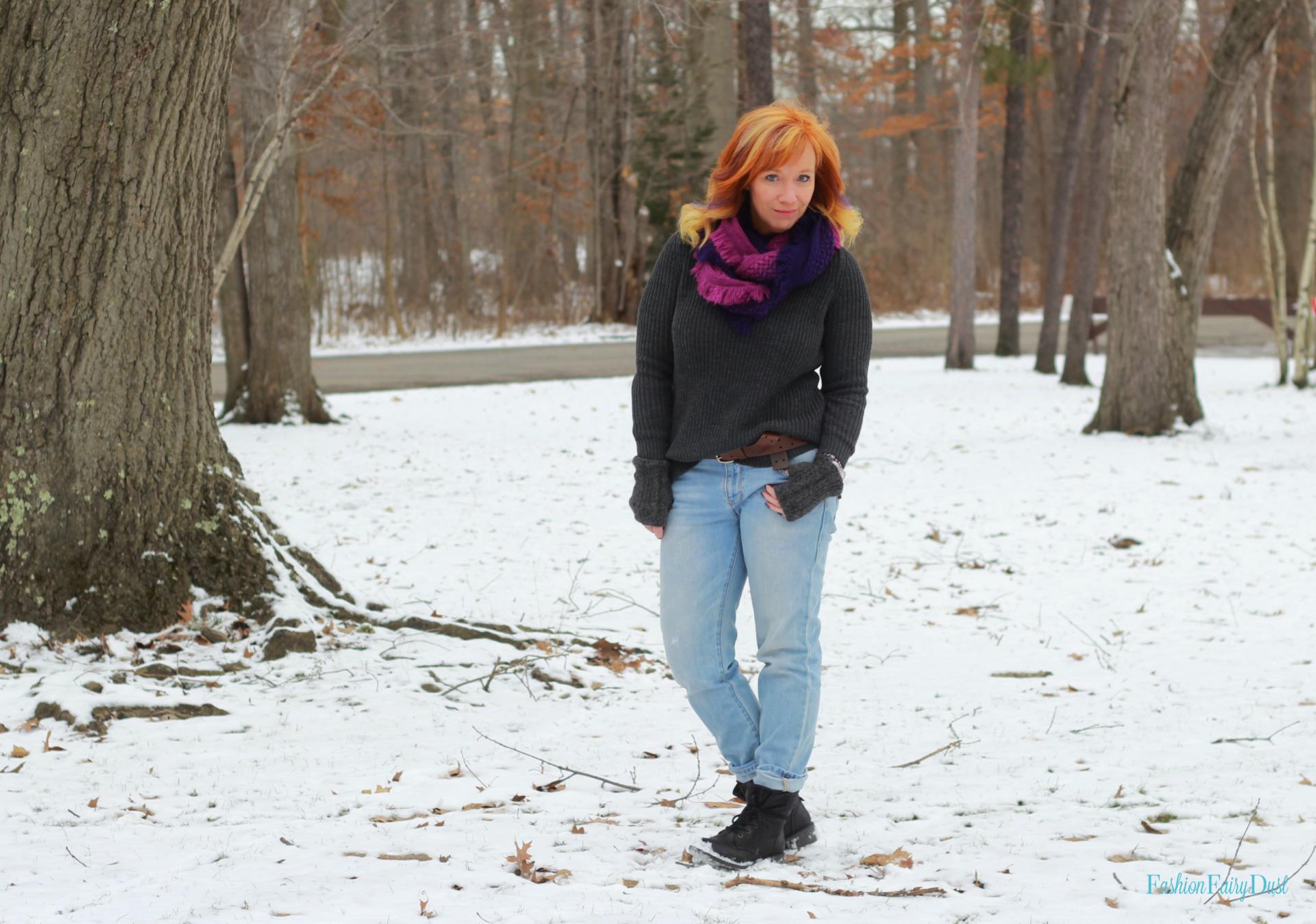 Gray shaker stitch sweater, combat boots and boyfriend jeans. Casual winter outfit.