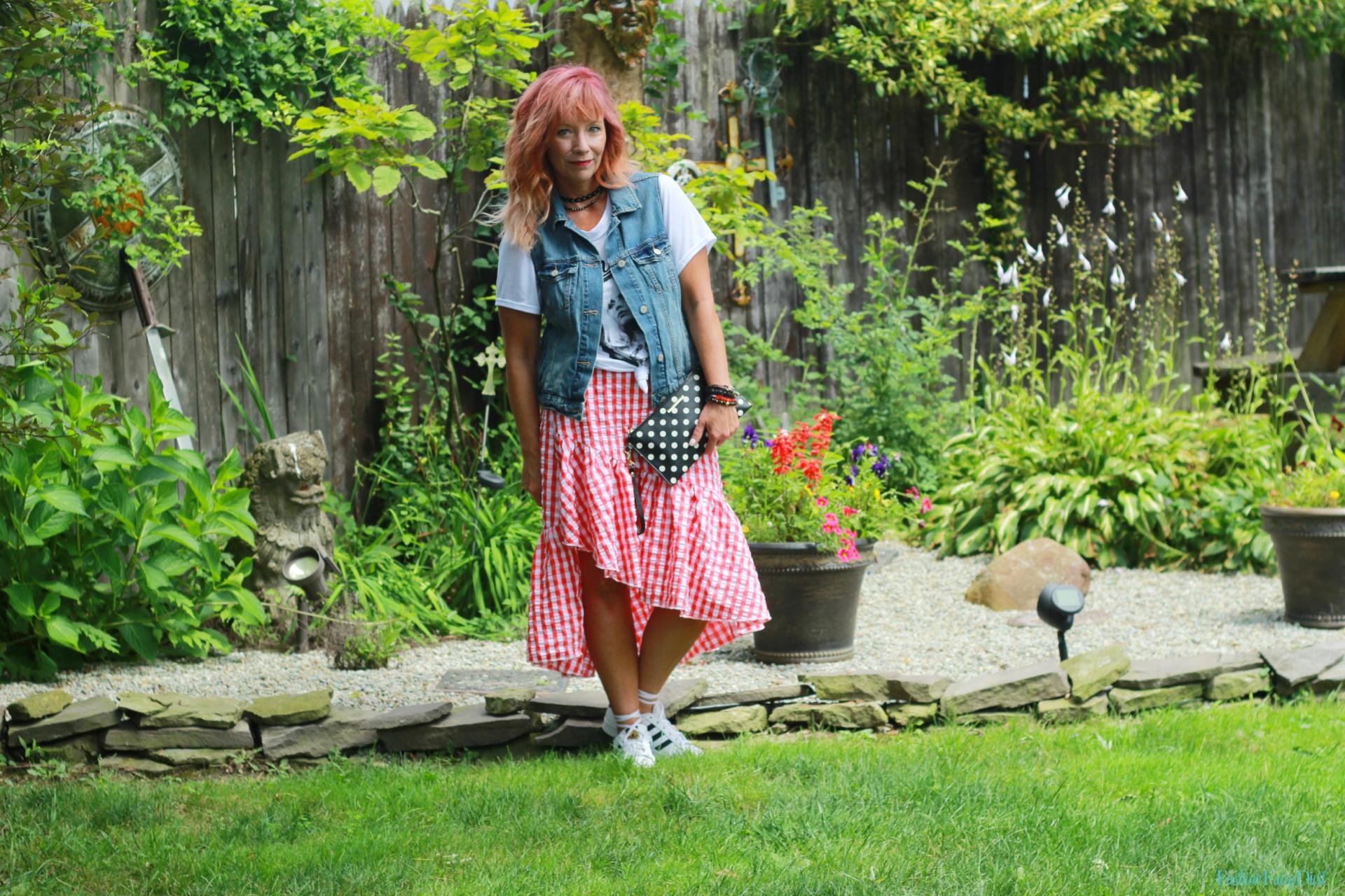Gingham skirt, graphic tee and Adidas.