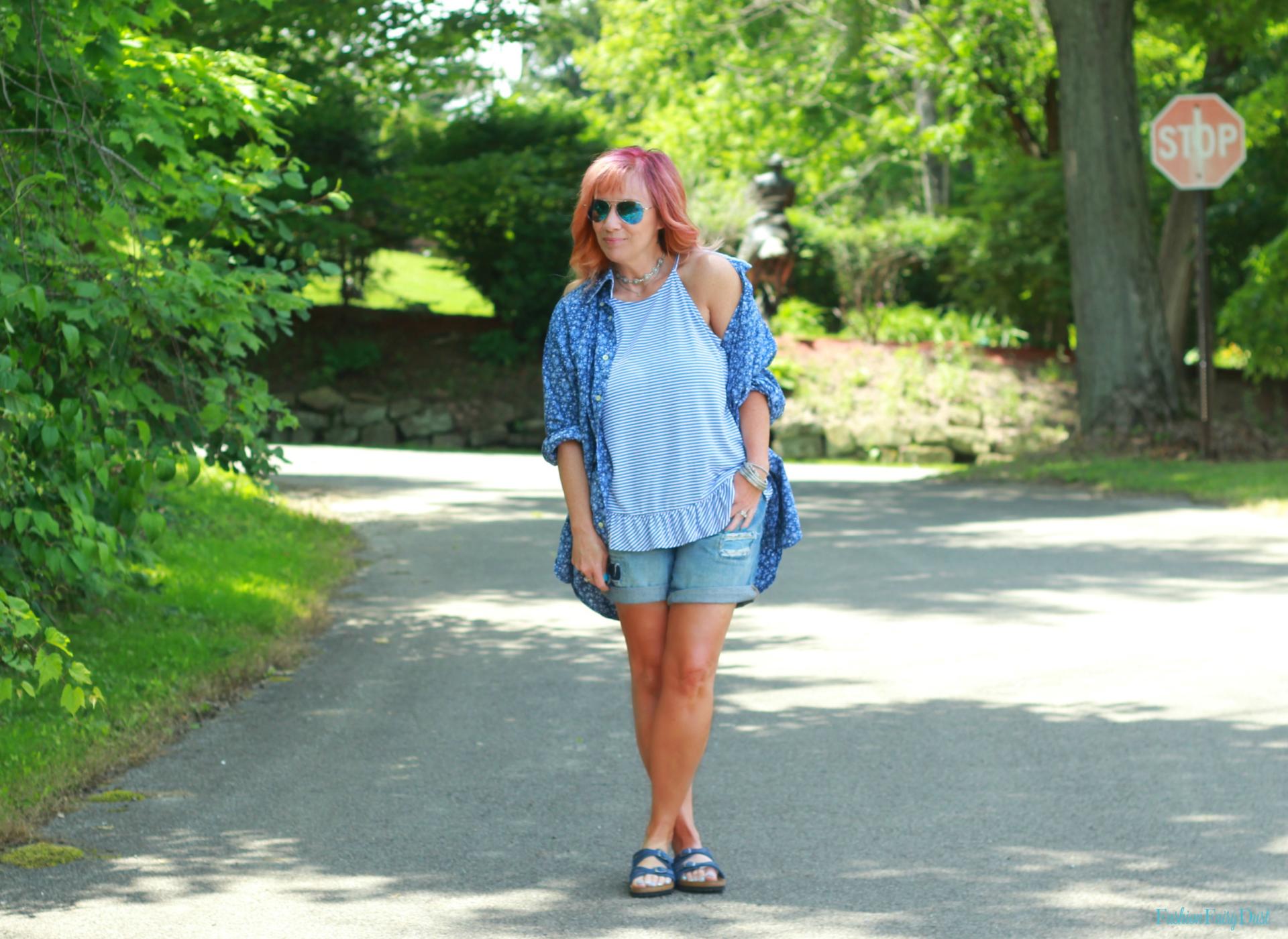 Peplum tank top, men's button down and boyfriend shorts.