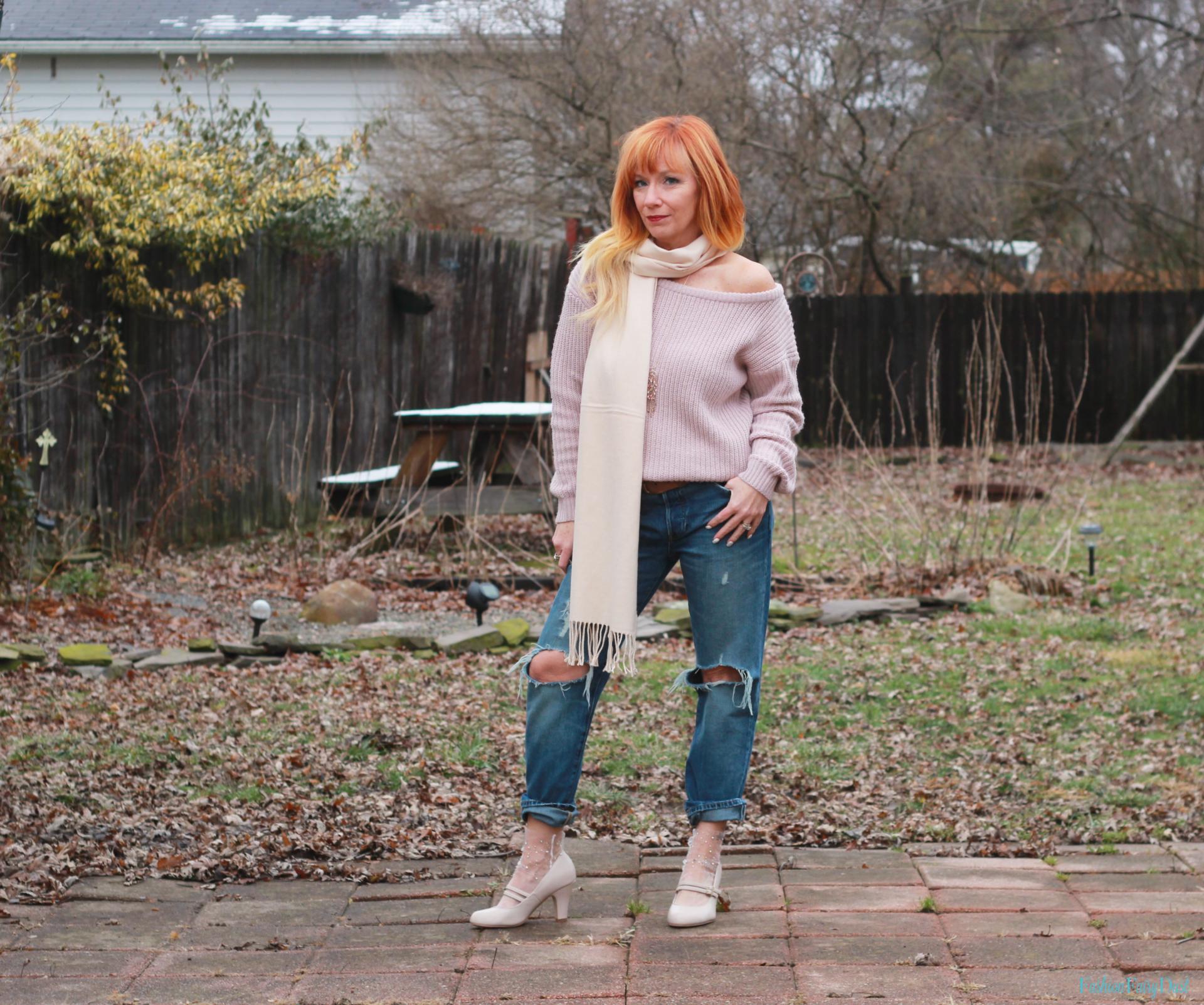 Blush off the shoulder sweater and mary jane pumps.