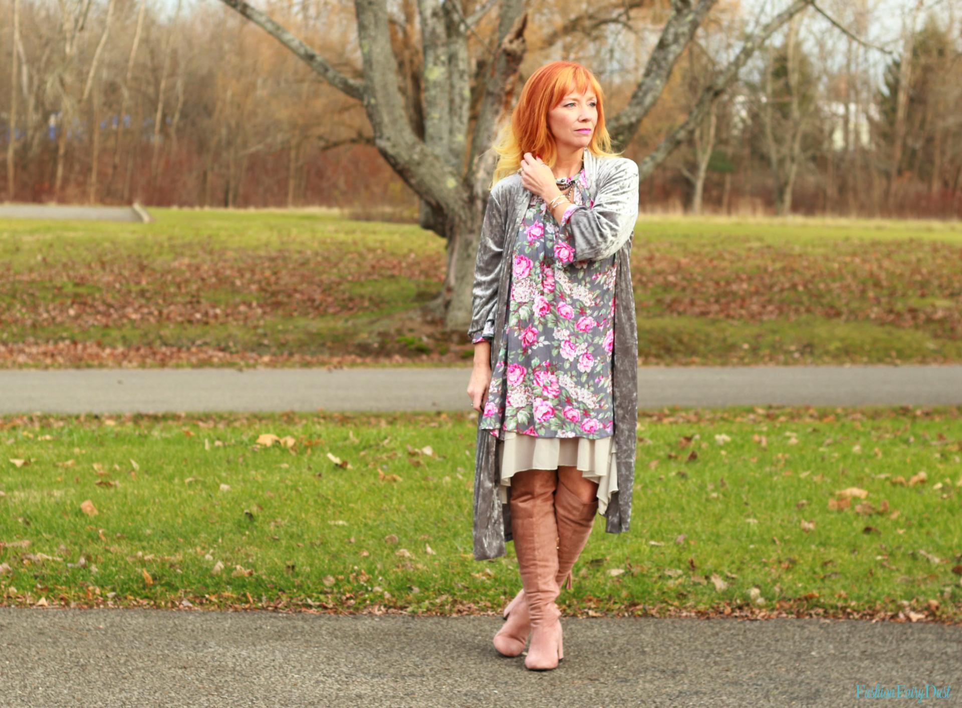 Blush otk boots, floral boho dress and velvet kimono.