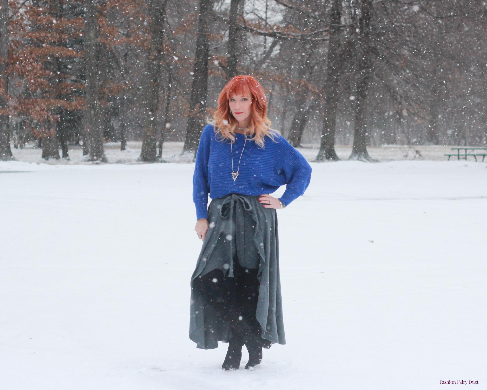 eShakti wrap skirt pants and off the shoulder sweater.