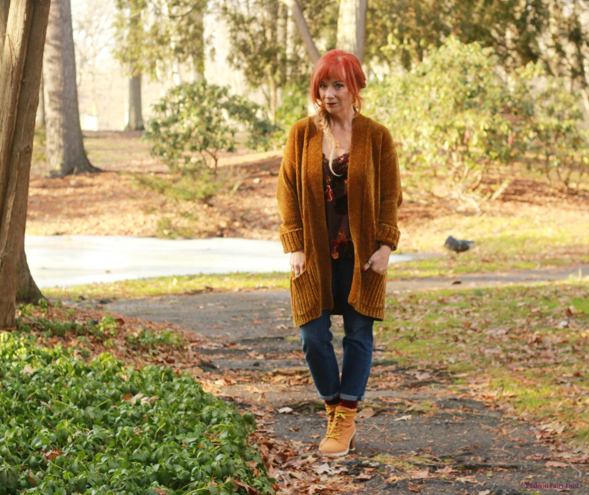 Chenille cardigan, velvet burnout cami & hiking boots.