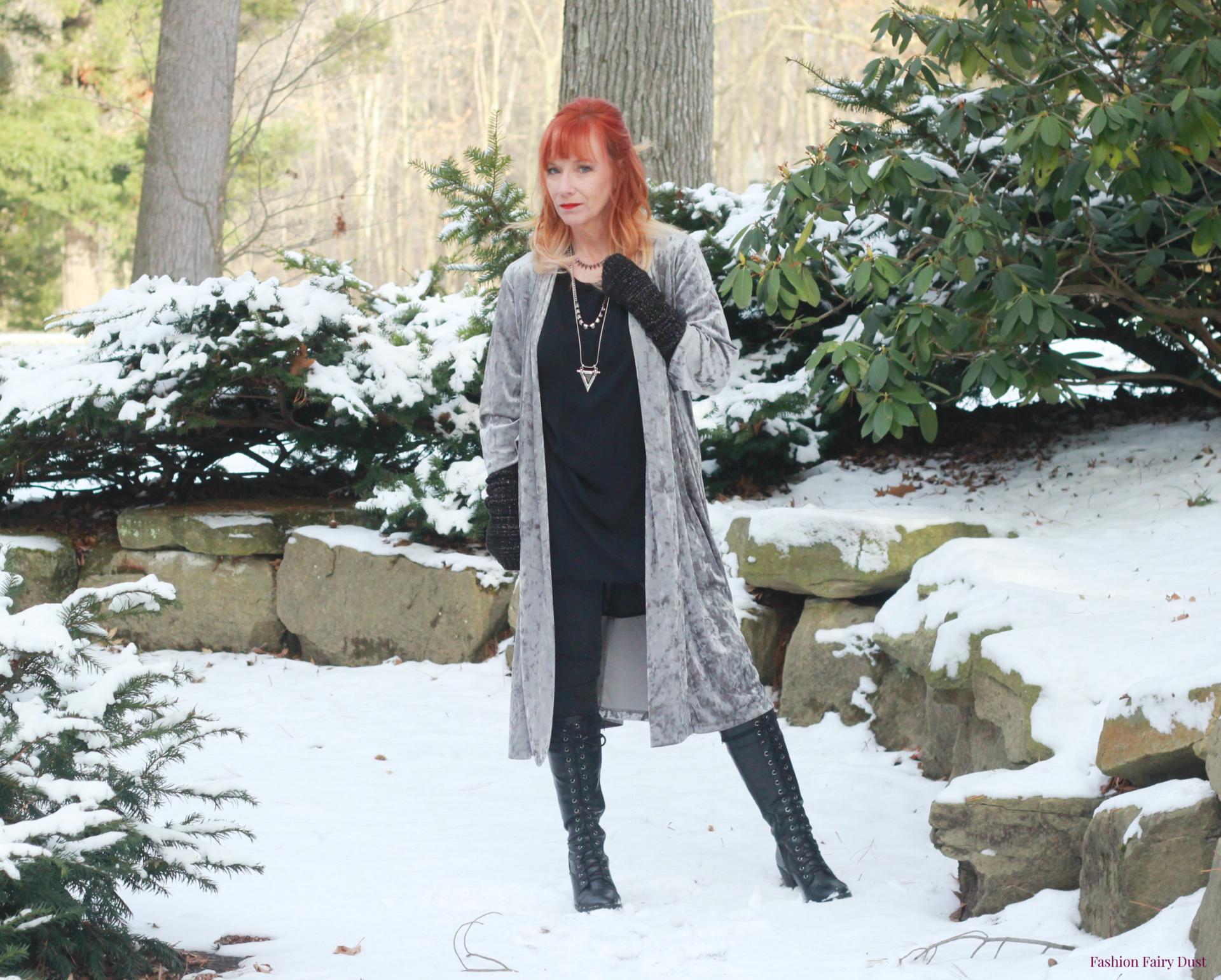 Velvet kimono, black skinny jeans and lace up boots.