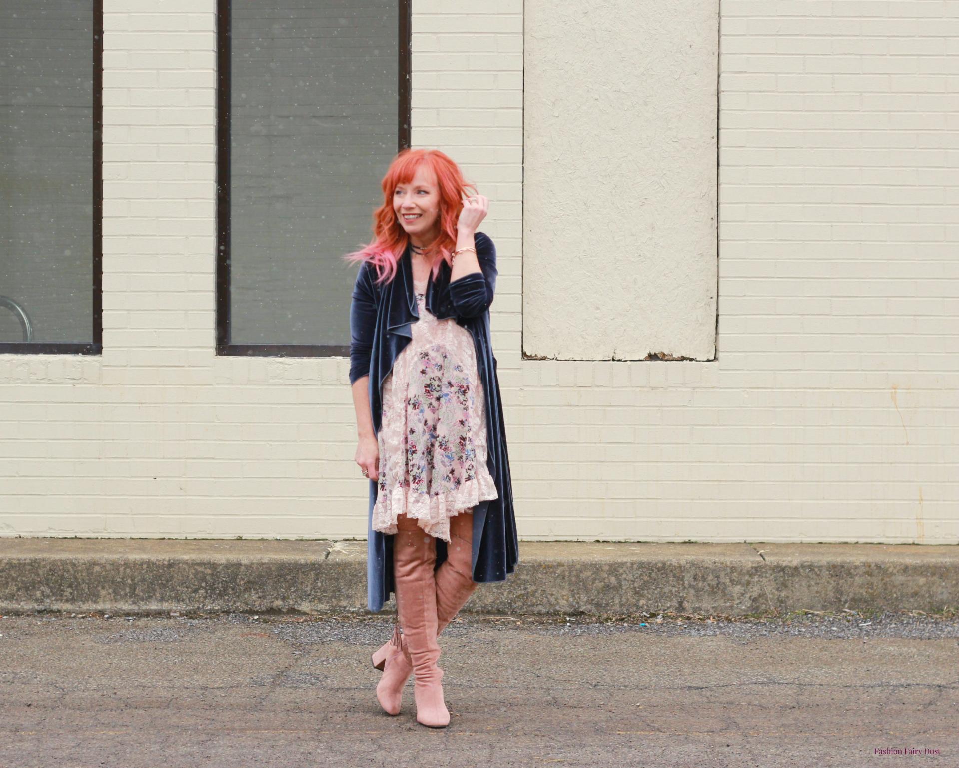 Boho dress, velvet duster and pink boots.