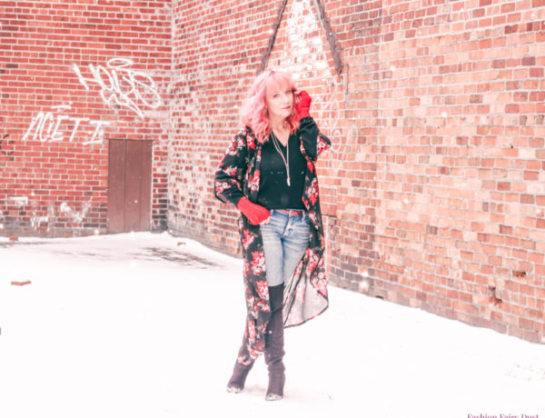 dark floral kimono_cashmere sweater_over the knee boots