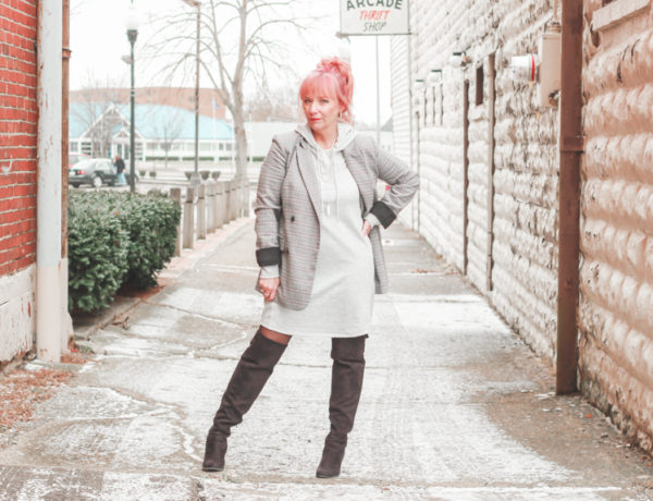 hoodie dress_plaid blazer_otk boots