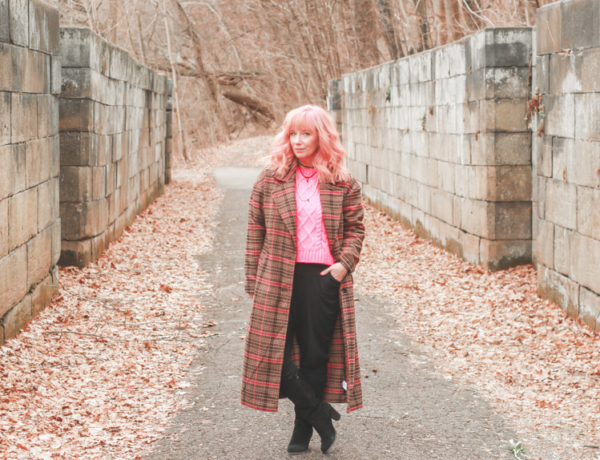 plaid coat_neon pink sweater_jumpsuit